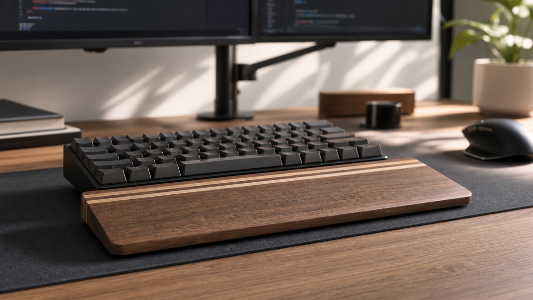 Walnut wood mechanical keyboard wrist rest on a developer desk setup