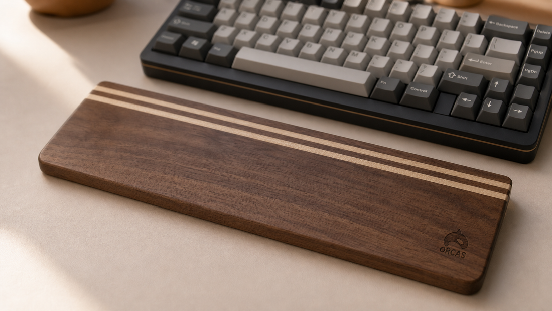 Handcrafted walnut wood keyboard wrist rest on a minimal mechanical keyboard desk setup
