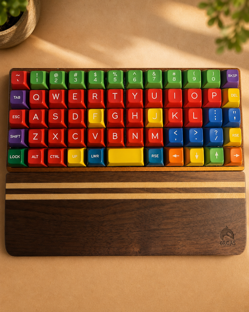 Handcrafted walnut wood keyboard wrist rest on a minimal programmer desk setup